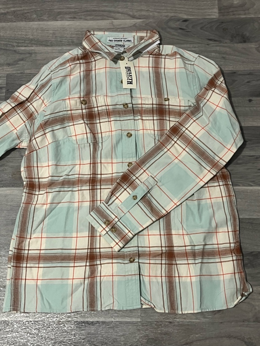 Duluth Trading Co Mint and Brown Plaid Flannel Shirt